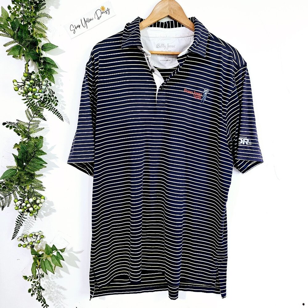 Mens Bobby Jones X-H20 Polo Shirt Navy Blue Striped XL Golf Performance Sporty